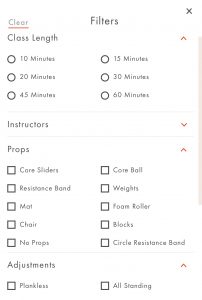 Images shows how the drop-down Filter options on the Barre3 online platform appear.